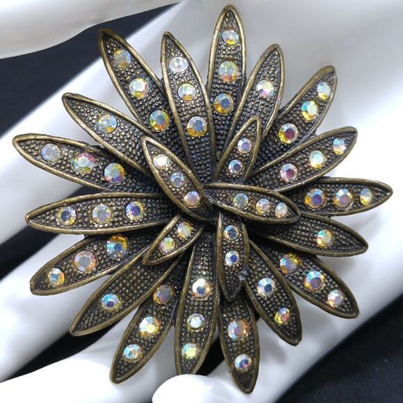 Vintage Flower Rhinestone Brooch, Bronze Tone, AB Rhinestones, 1990, 2 1/2 Inch - Picture 2 of 5